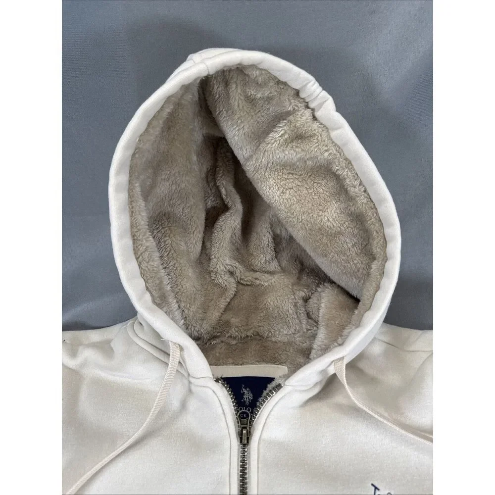 US Polo Assn Sz Medium Oatmeal Colored Sherpa‎ Fur Fleece Hoodie Jacket Pockets